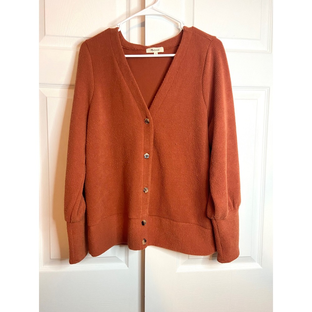 Madewell Rust Orange Waffle Knit Cardigan Flower Button V-Neck Sweater XL